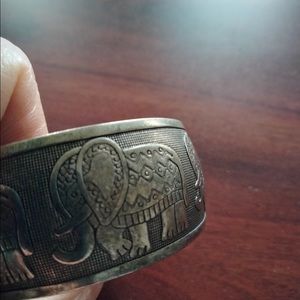 Silver Metal Cuff Bracelet with Five Elephants